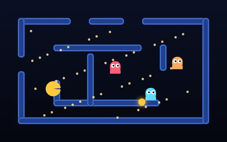 Chomp Maze — Chomp every dot and dodge the four guards.